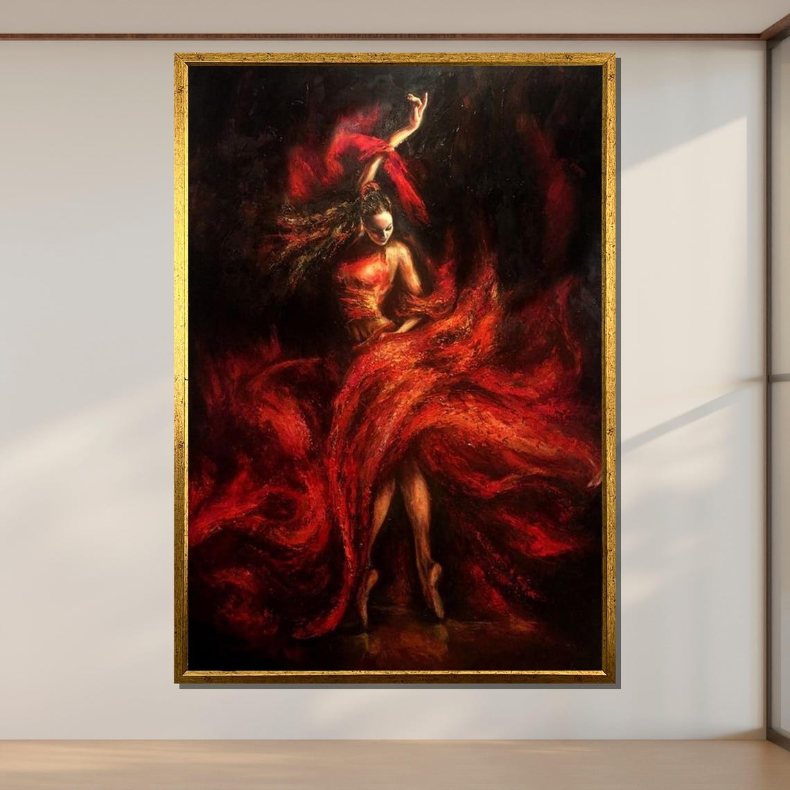 Fiery Flamenco Dancer Passionate Dance Wall Art Red Dress Movement Decor Expressive Home Design Ready To Hang