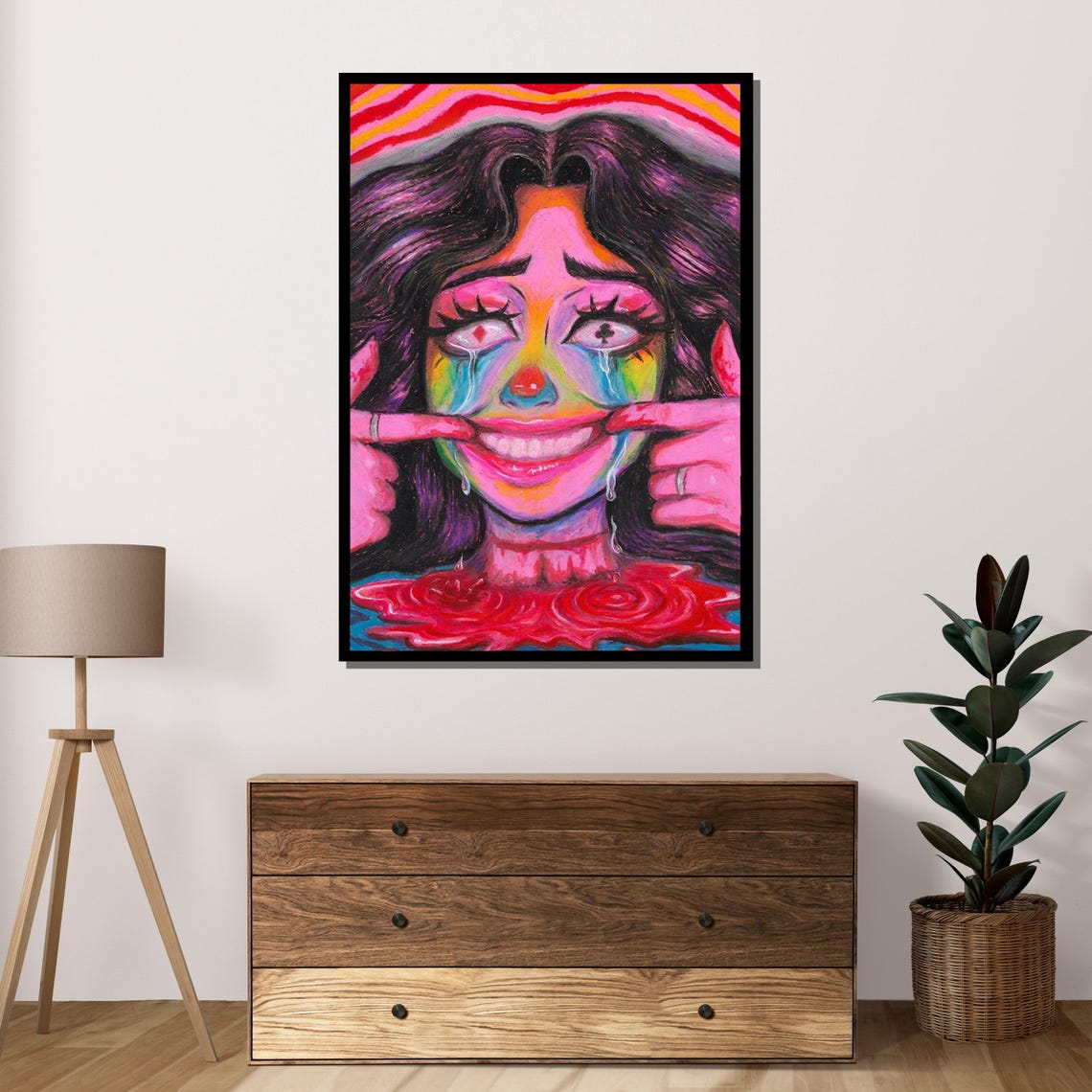Crying Clown Psychedelic Emotional Neon Portrait Vivid Pop Art Print