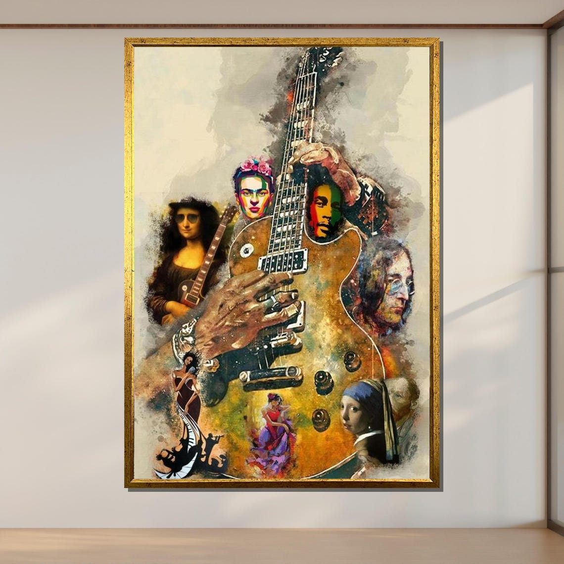 Famous Art Icons Electric Guitar Collage Mona Lisa Frida Kahlo Poster - Image 2