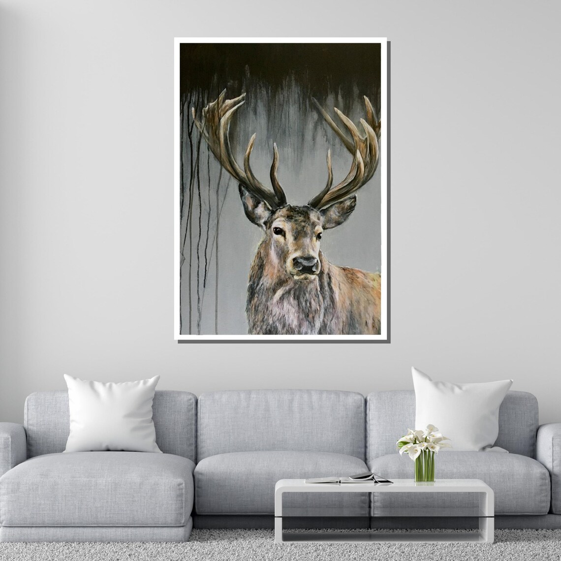 Majestic Deer Stag Large Antlers Grey Background Wildlife Art Portrait Poster - Image 4