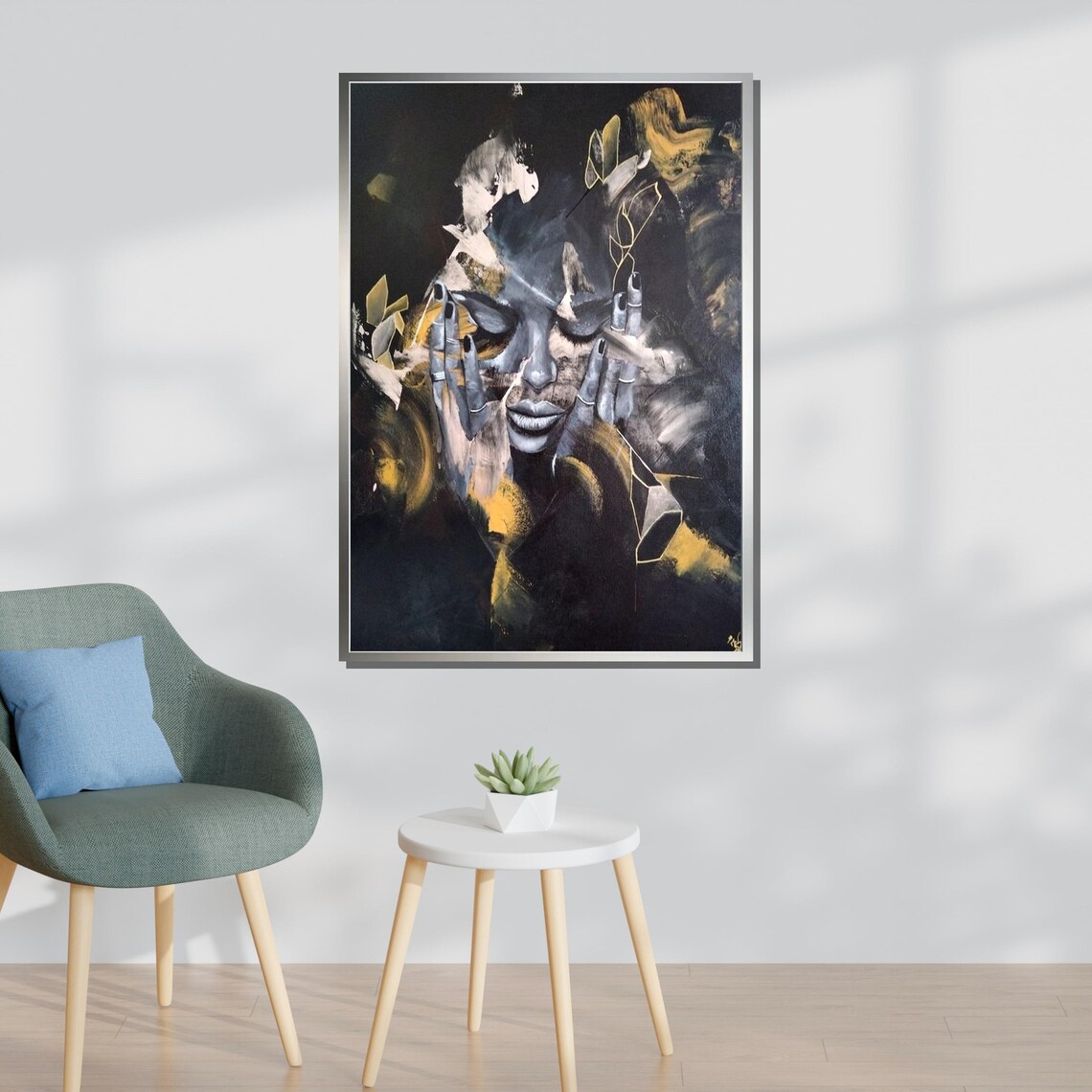 Black and Gold Abstract Emotional Portrait Thoughtful Woman Modern Art Poster - Image 3