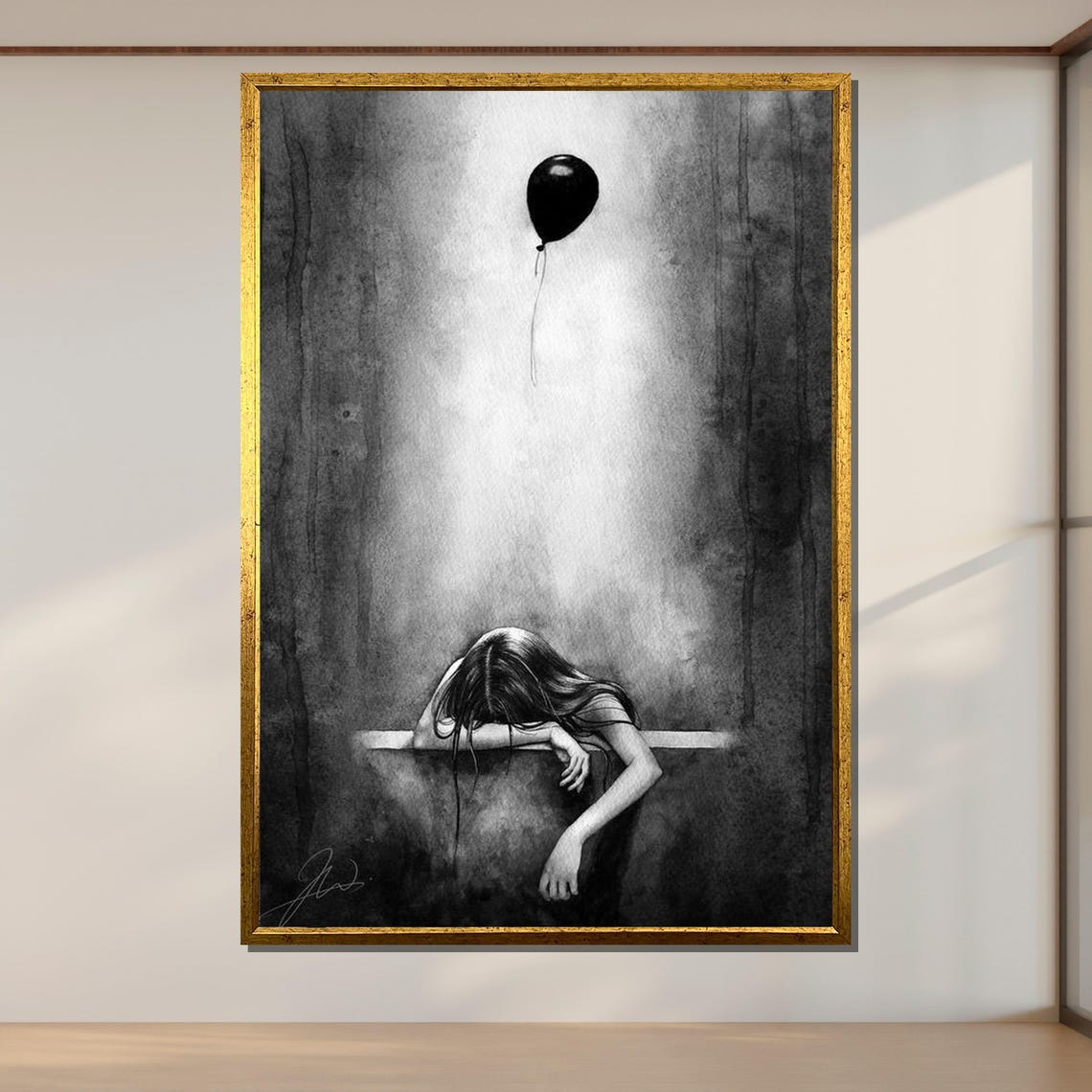 Melancholy Girl Black Balloon Lonely Figure Dark Forest Art Print