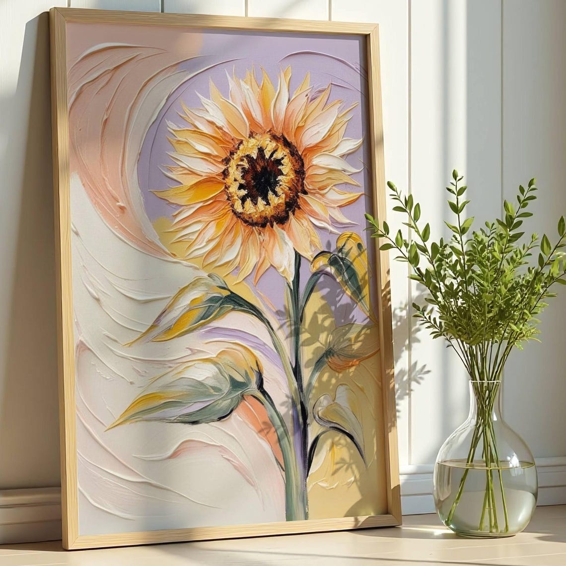 Glowing Pastel Sunflower Impasto Thick Brushstroke Floral Wall Art