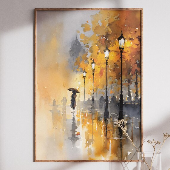 Rainy Autumn Street Lampposts Umbrella Watercolor Painting Art Poster
