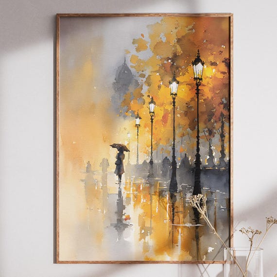 Rainy Street Wall Art Autumn Rain Painting Umbrella Lamp Print Moody City Scene Impressionist