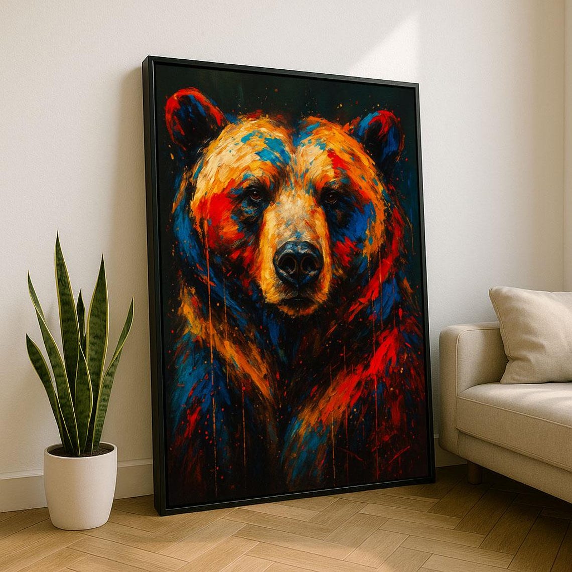 Vibrant Bear Portrait Canvas Wall Art Print Abstract Living Room Decor Statement Piece