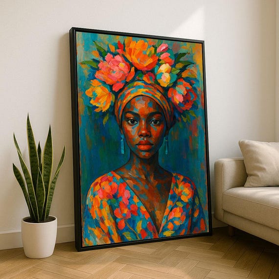 Bold African Woman Portrait Canvas Wall Art Print Vibrant Living Room Decor Statement Piece
