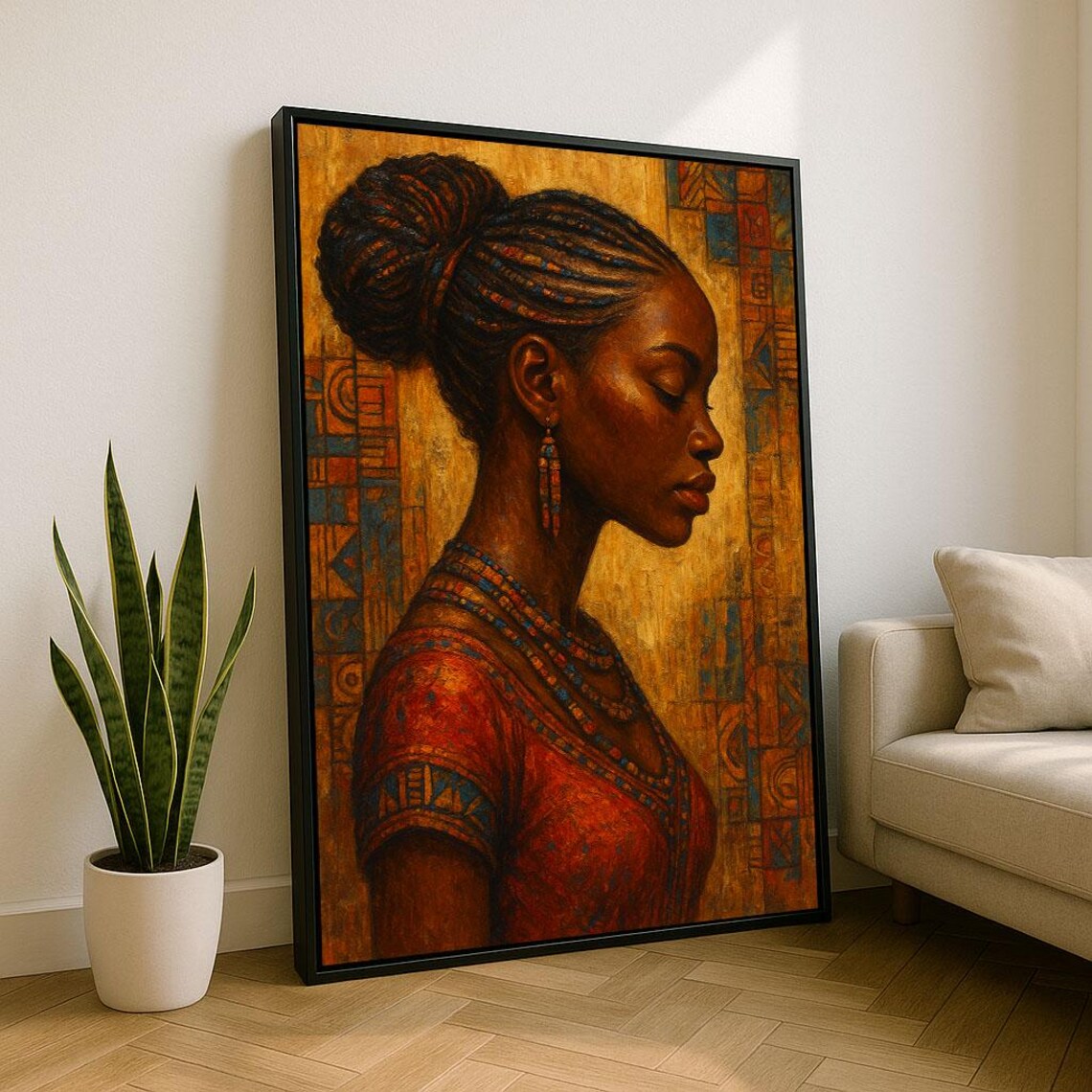 African Woman Profile Braided Hair Golden Tribal Portrait Poster