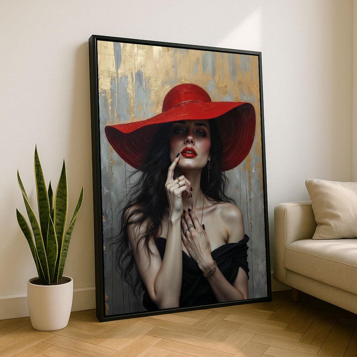 Elegant Woman In Red Hat Canvas Wall Art Print Modern Glamour Living Room Decor Statement Piece
