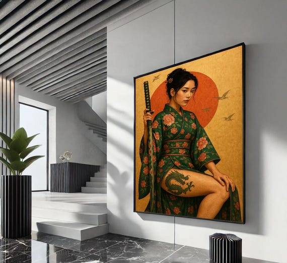 Elegant Japanese Woman With Katana Canvas Wall Art Print Bold Living Room Decor Statement Piece