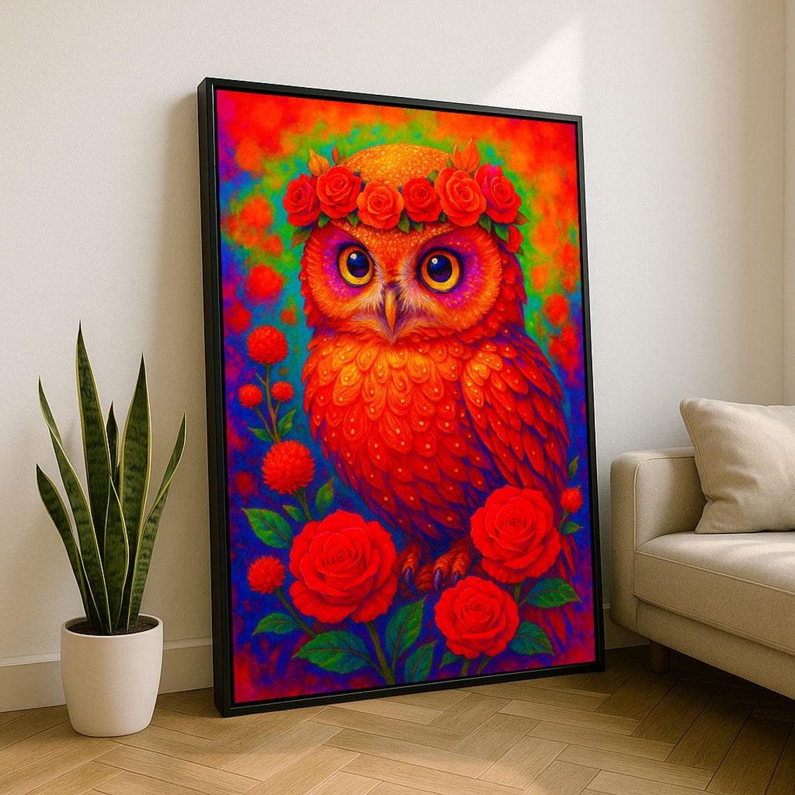 Vibrant Owl Wearing Rose Crown Colorful Psychedelic Art Poster