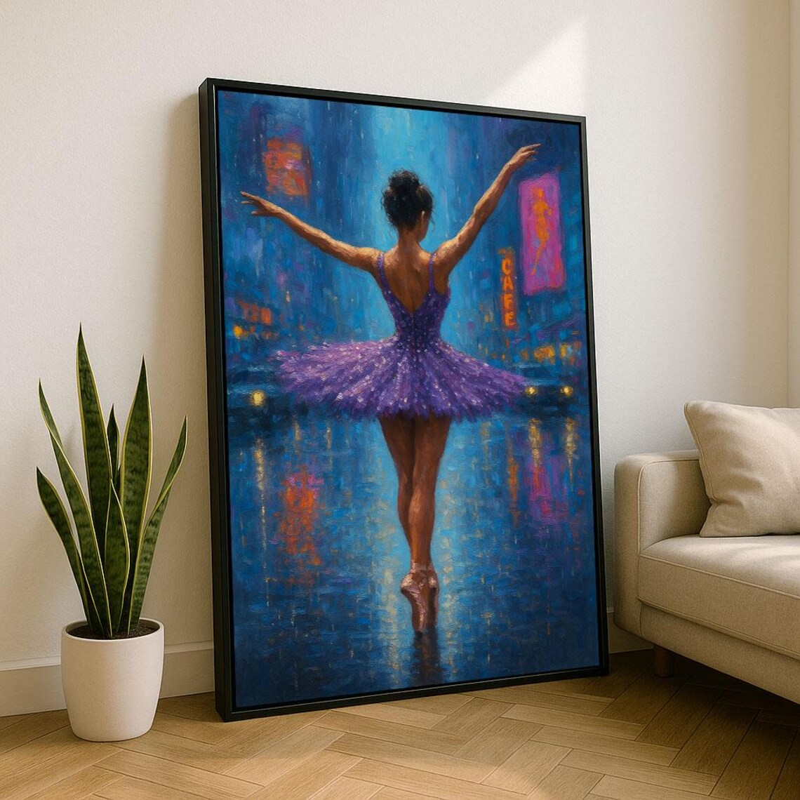 Ballerina In Purple Tutu Dancing On Rainy City Street Art Poster