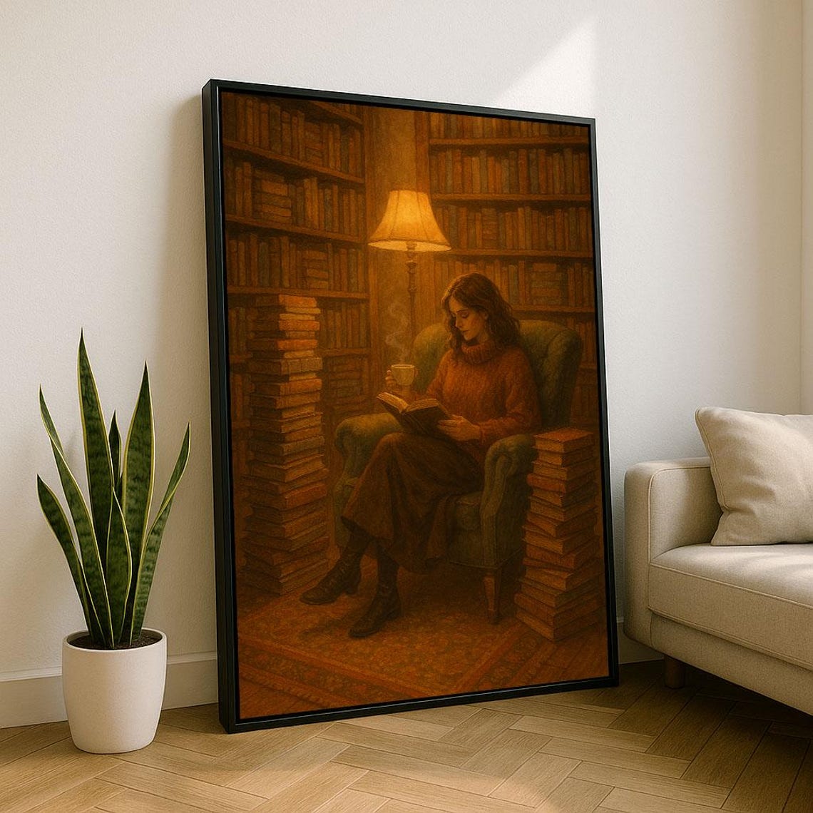 Cozy Library Reader Armchair Book Stacks Warm Lamp Glow Poster