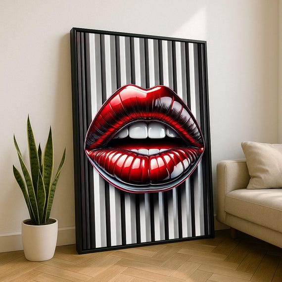 Striking Red Lips Pop Art Canvas Wall Print Bold Modern Living Room Decor Statement Piece