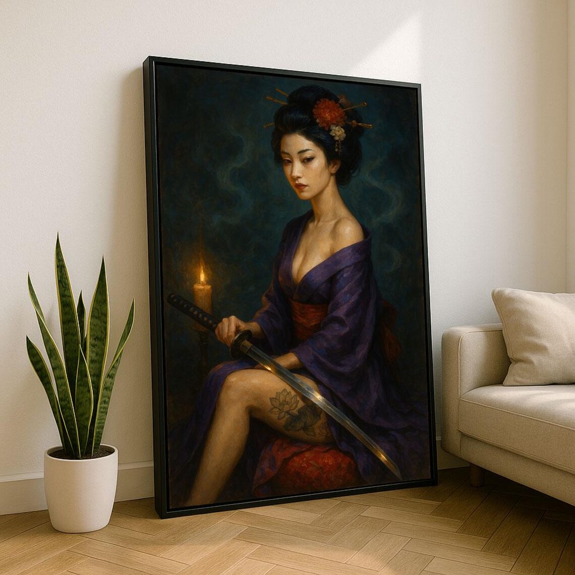 Japanese Woman Purple Kimono Sword Lotus Tattoo Dark Smoky Poster