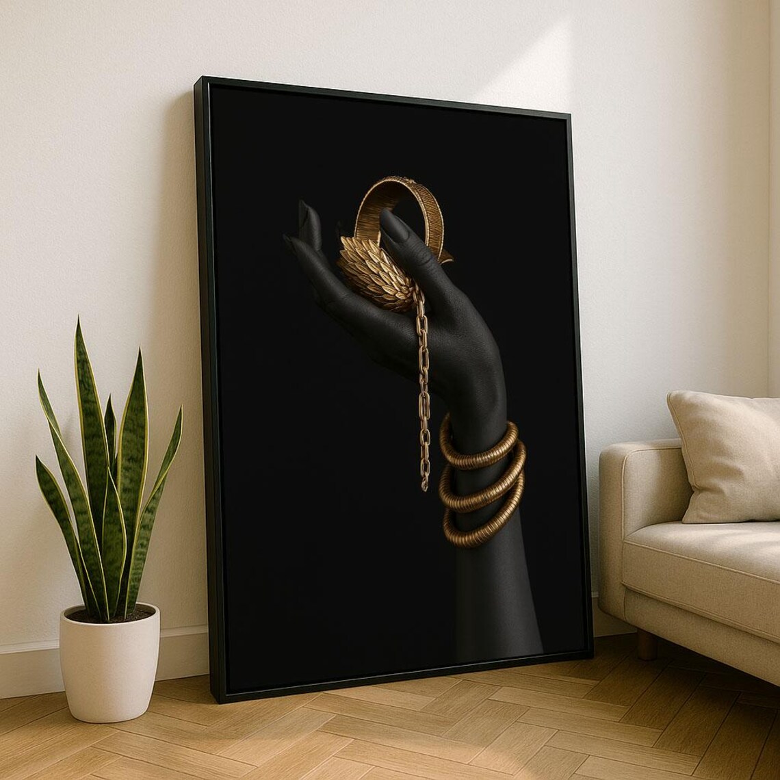 Black Hand Holding Gold Jewelry Bracelets Luxury Fashion Art Poster