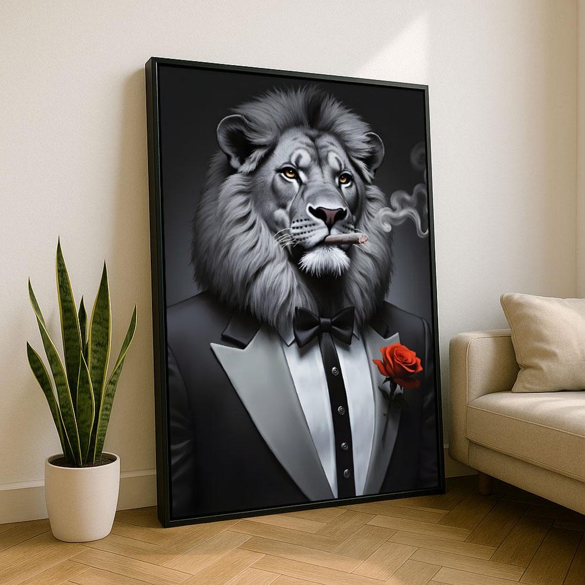 Sophisticated Lion In Tuxedo Canvas Wall Art Print Modern Living Room Decor Statement Piece