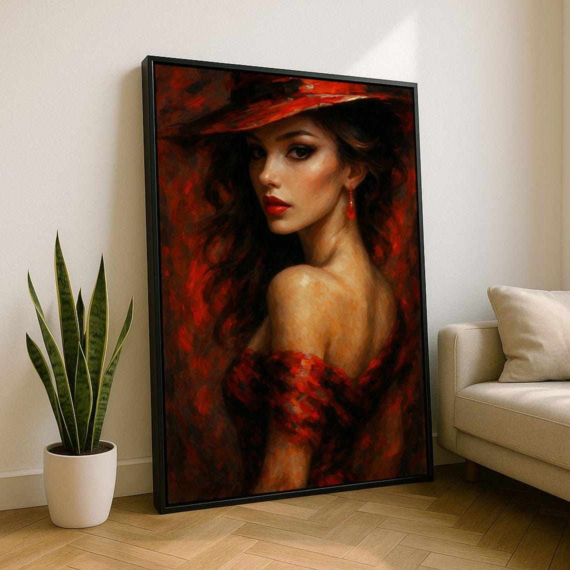 Woman Red Hat Dress Glamorous Vintage Painterly Style Poster