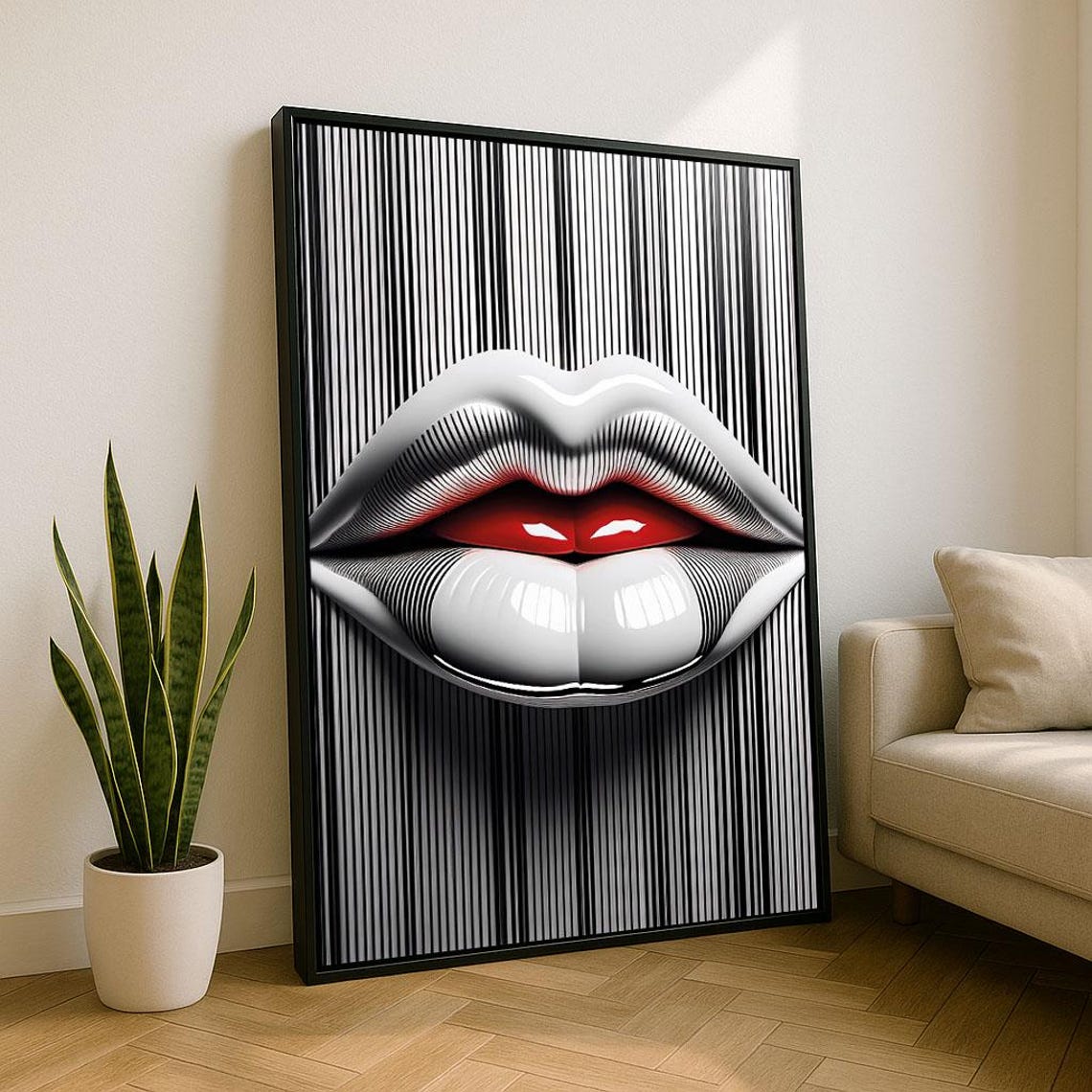 White Lips Pop Art Poster With Striped Upper Lip And Red Tongue