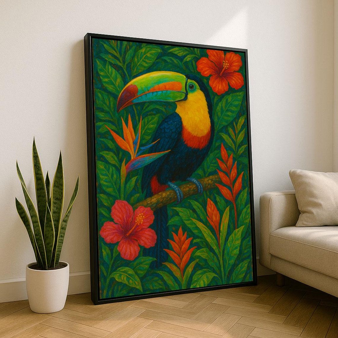 Colorful Toucan In Tropical Jungle With Hibiscus Flowers Poster