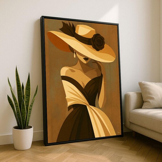 Elegant Woman In Wide Sun Hat Warm Brown Vintage Fashion Art Poster