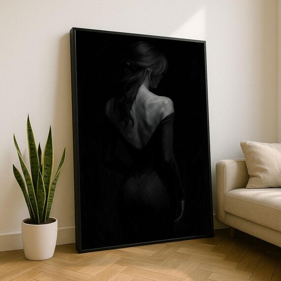 Woman In Black Dress Moody Back View Black And White Art Poster