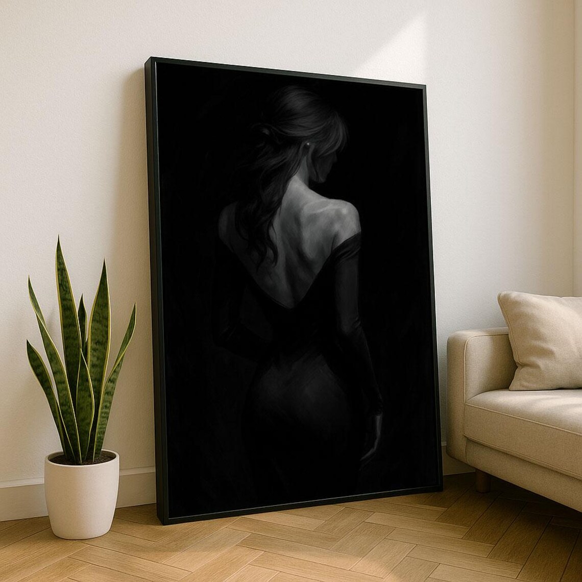 Woman In Black Dress Moody Back View Black And White Art Poster