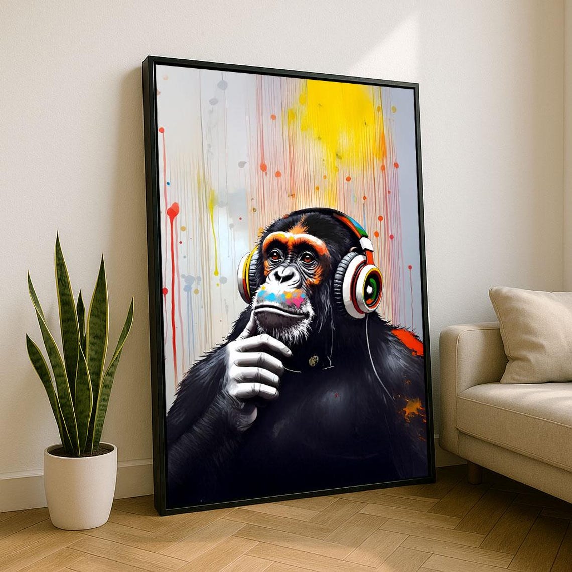 Colorful Monkey with Headphones Paint Splash Fun Pop Art Poster