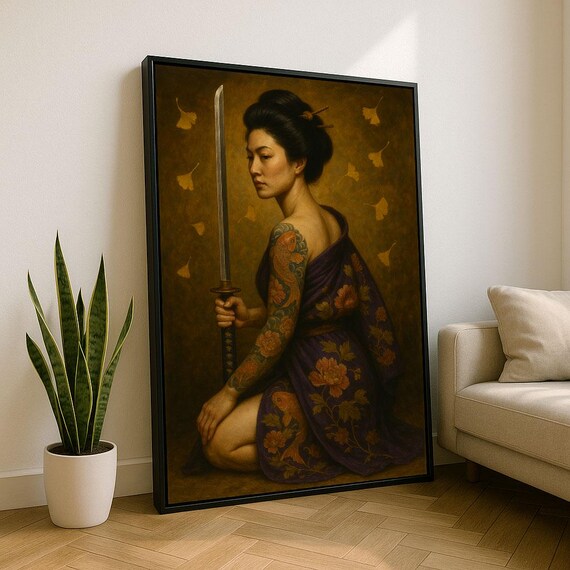 Elegant Samurai Woman Portrait Canvas Wall Art Print Warm Tones Living Room Decor Statement Piece