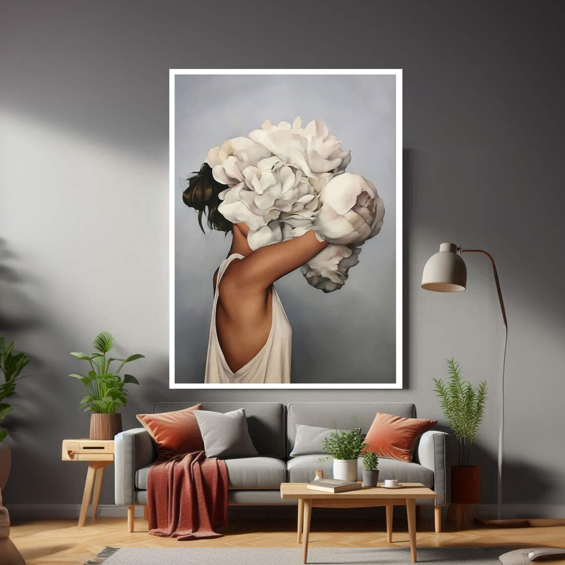 Elegant White Peony Blossom Woman Rear View Modern Portrait Poster