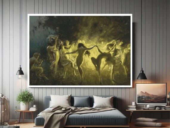 Witches Dancing in a Circle Around Fire Mystic Night Painting Poster