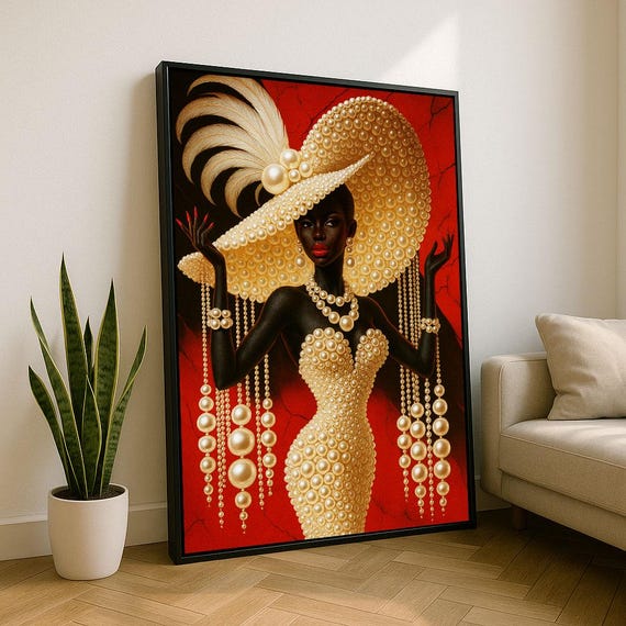 Elegant African Woman In Pearl Dress Canvas Wall Art Print Red And Gold Living Room Decor Statement Piece