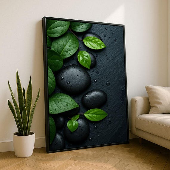Zen Black Stones And Green Leaves Water Drops Spa Calm Wall Art