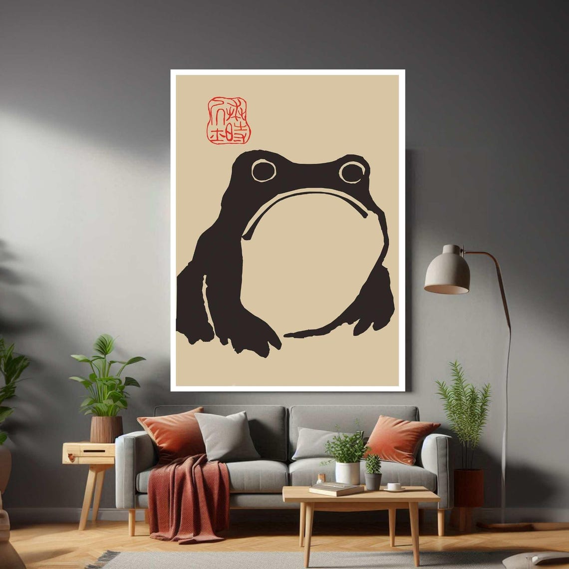 Japanese Woodblock Style Frog Art Print with Red Seal Design