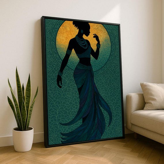 Elegant African Woman Silhouette Canvas Wall Art Print Teal Living Room Decor Statement Piece
