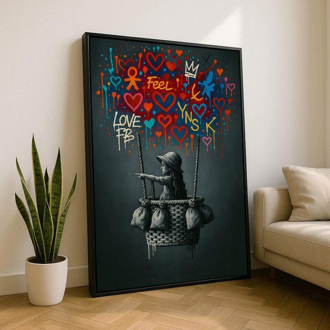 Child Balloon Basket Graffiti Hearts Love Dark Dreamy Street Art Poster