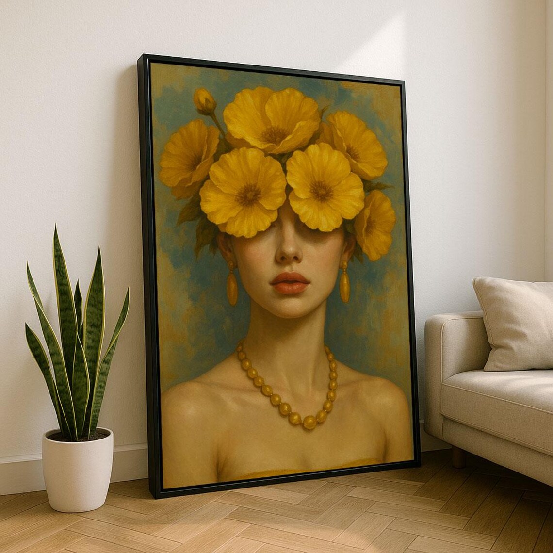 Woman With Golden Flowers Over Eyes Elegant Floral Portrait Poster