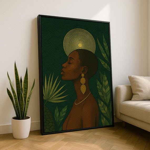 Elegant African Woman Portrait Canvas Wall Art Print Modern Green Living Room Decor Statement Piece