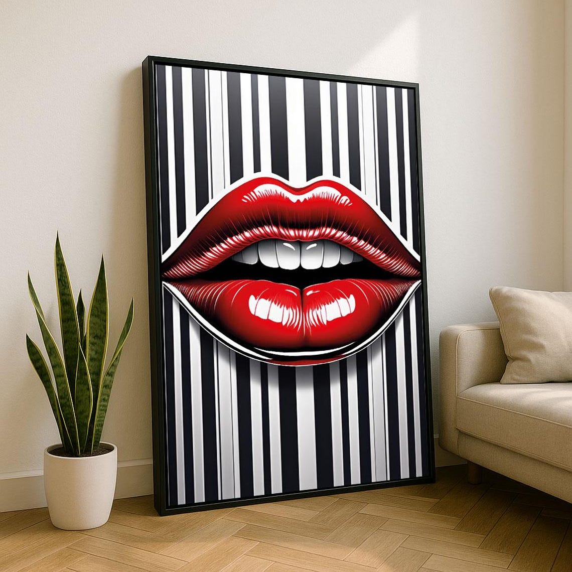 Glossy Red Lips Grey Striped Background Modern Pop Art Mouth Poster