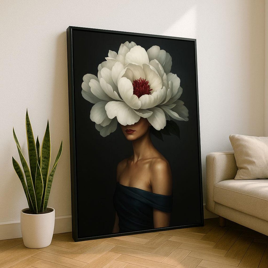 Woman With White Peony Over Face Black Background Floral Art Poster