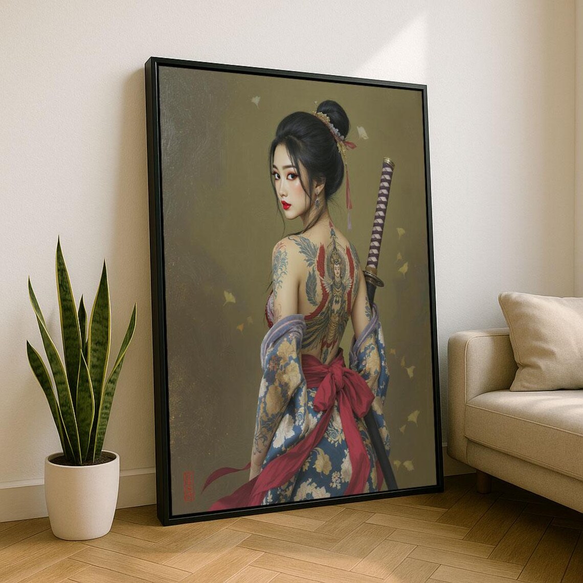 Japanese Woman with Sword Tattooed Back Floral Kimono Art Poster