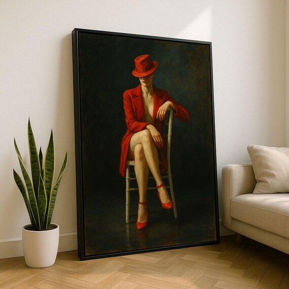 Elegant Woman In Red Hat Canvas Wall Art Print Modern Living Room Decor Statement Piece