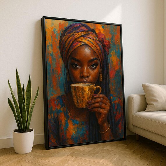 African Woman Drinking from Golden Cup Colorful Bold Art Poster