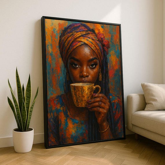 Bold African Woman With Coffee Canvas Wall Art Print Vibrant Living Room Decor Statement Piece