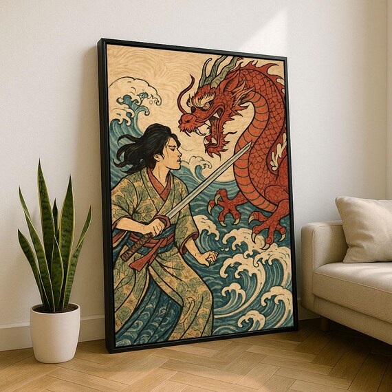 Fierce Samurai Warrior Canvas Japanese Art With Red Dragon Cultural Wall For Living Room Decor Statement Piece