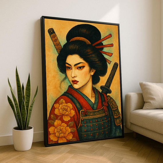 Bold Japanese Samurai Woman Canvas Oriental Warrior With Katana Asian Fantasy Wall Art For Living Room Statement Piece