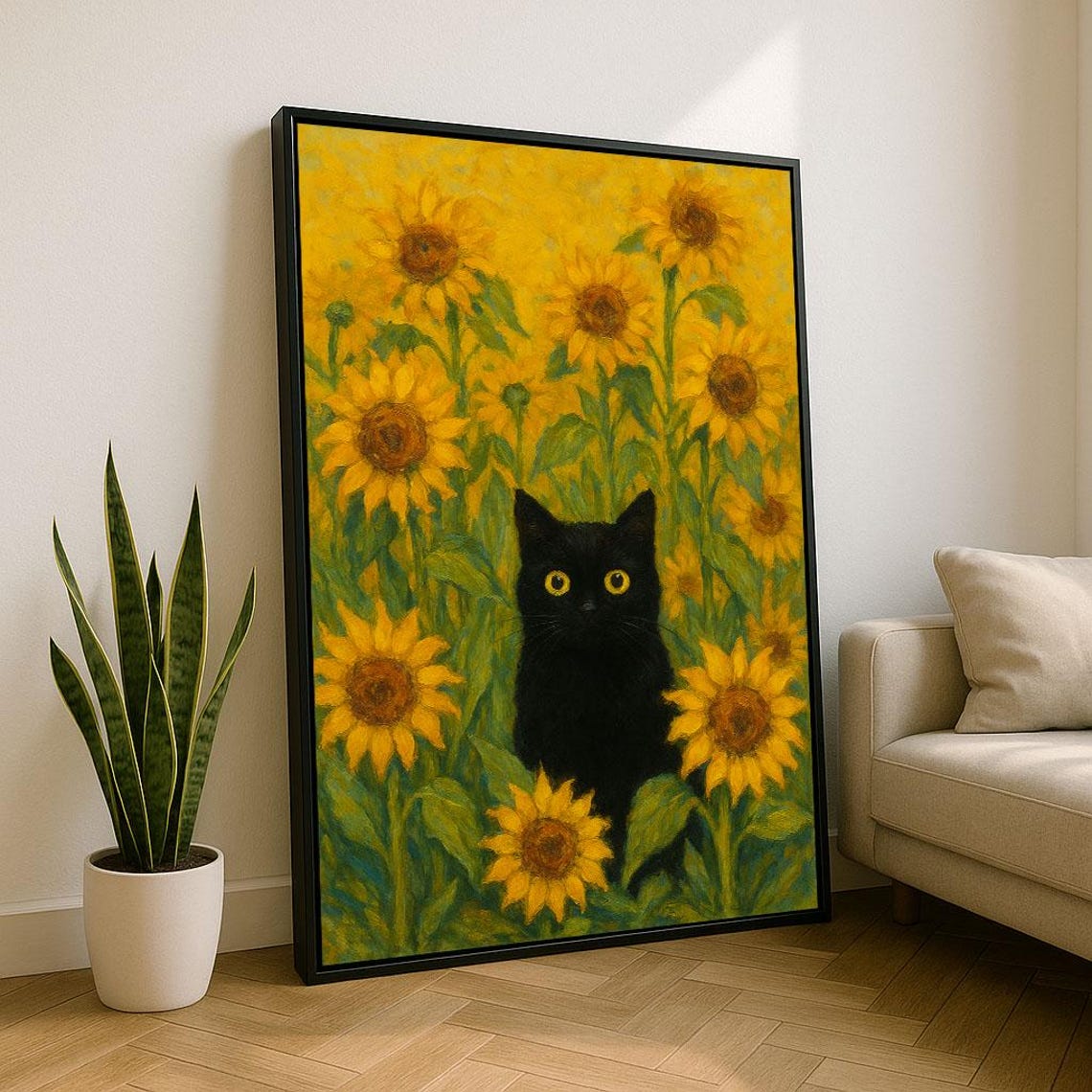Black Cat Sitting Among Bright Yellow Sunflowers Cheerful Art Poster
