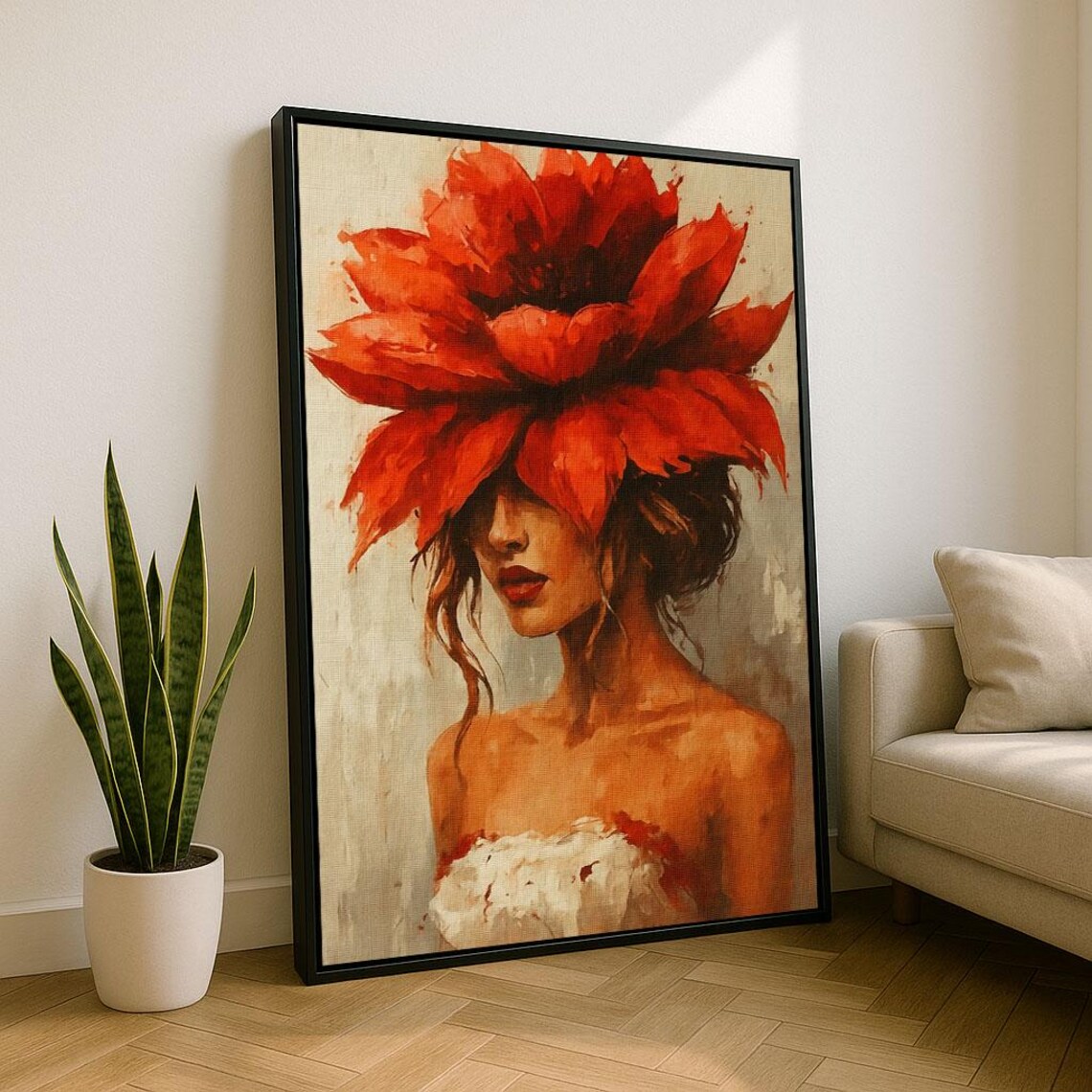 Woman With Red Flower Headpiece Painterly Floral Portrait Poster