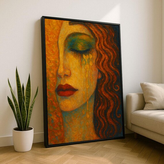 Elegant Golden Tears Woman With Flowing Hair Canvas Wall Art Print Warm Living Room Decor Statement Piece