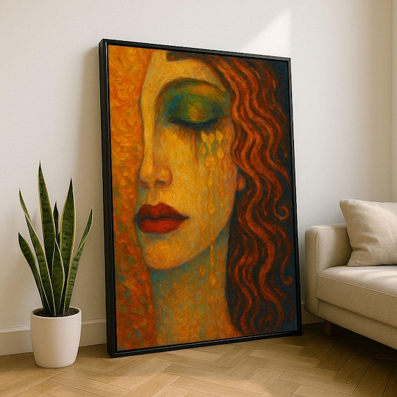 Golden Tears Woman Expressive Portrait Warm Orange Emotional Art Poster